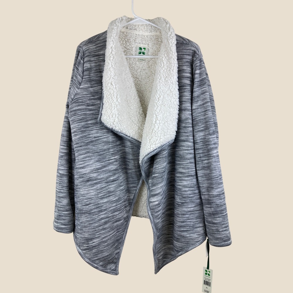 NWT Green Tea Heather Sherpa Wrap Women XL Gray Cardigan Sweater Cozy Open Front